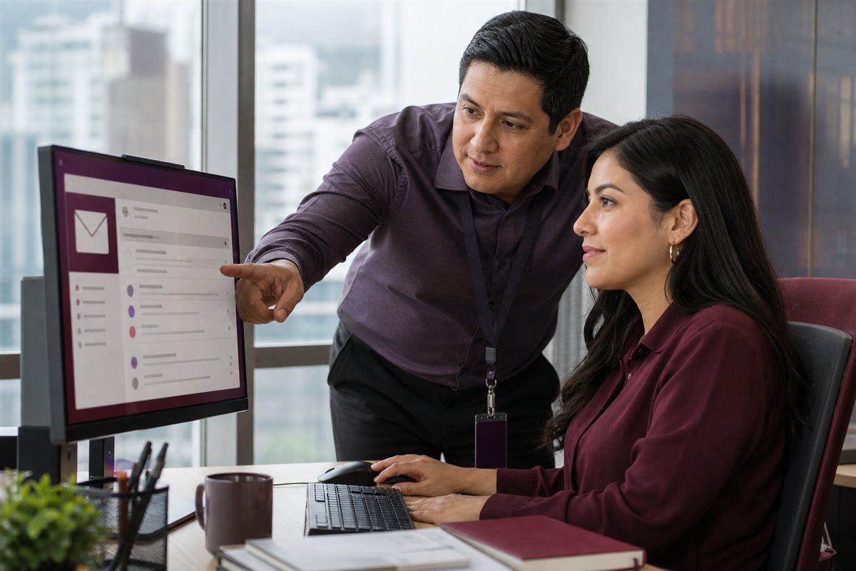 Escena conceptual de soporte en la configuración del correo corporativo de un equipo.